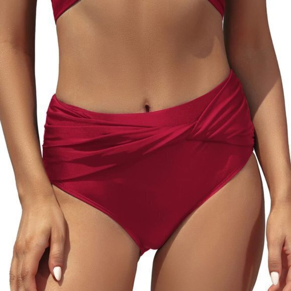 Bikini Bottom Twist Front Ruched High Waist Swimsuit Red Size Med NWT #2274